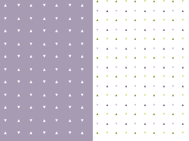 Two patterns with repeating triangles: white triangles on lilac, and then green and purple triangles on white.