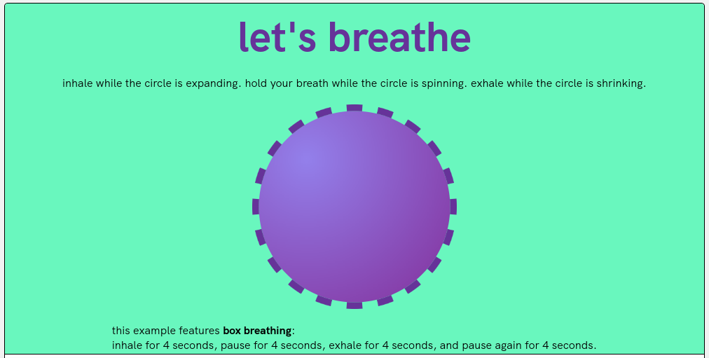 The heading "let's breathe" in purple on a mint green background. There are instructions for a breathing exercise saying to follow the circle, and then in the center of the page there's a large purple circle.