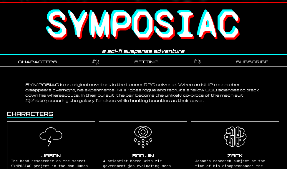 Web page with white text on a black background and highlights in neon-like red and cyan. The headline says "Symposiac: a sci-fi suspense adventure". Under a heading that says "characters", there are three boxes. One with a lightning cloud symbol says Jason, one with an eye symbol says Soo Jin, and one with a brain symbol says Zack.