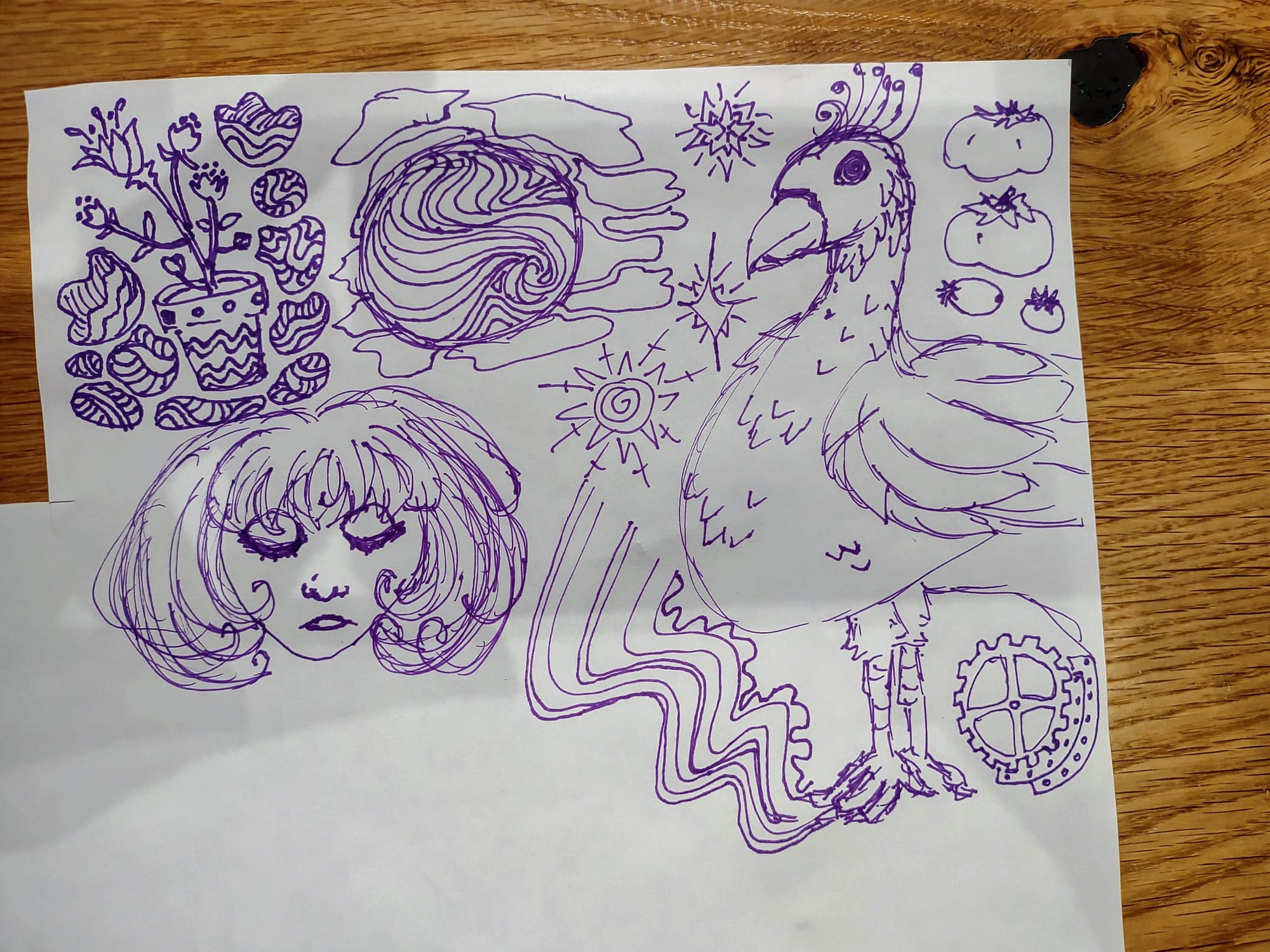 A page of sketches in purple pen, including a flowerpot surrounded by wiggly shapes, a marble or planet surrounded by clouds, some kind of bird, and a person with closed eyes and bobbed hair curling in toward their face.