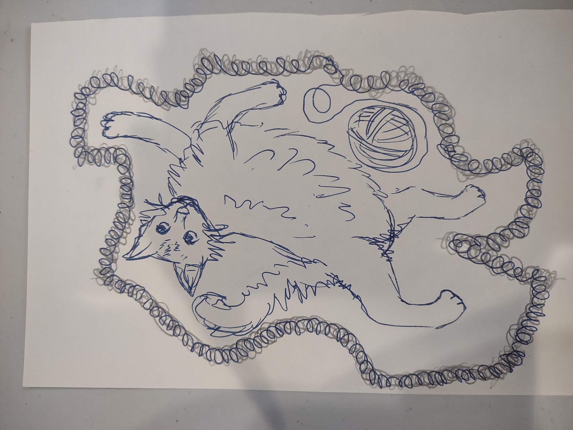 Pen drawing of a cat with a ball of yarn, surrounded by a squiggly line of yarn.